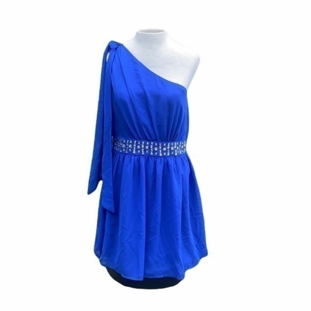 Ellison One-shoulder A-line Short Chiffon Dress in blue with embellishments